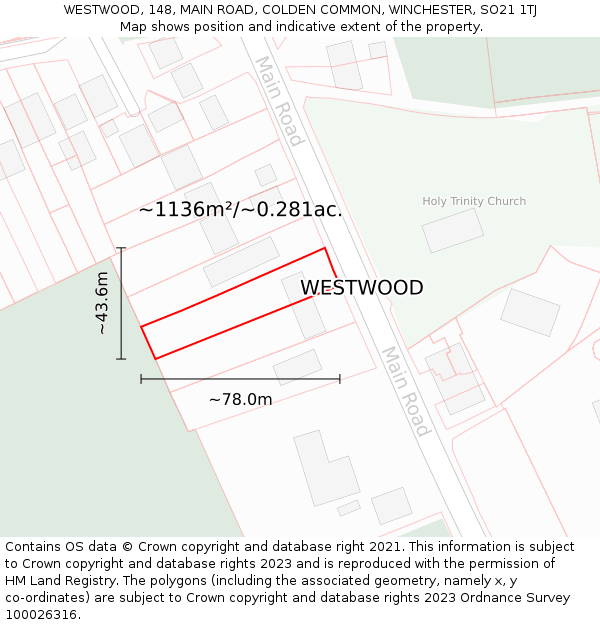 WESTWOOD, 148, MAIN ROAD, COLDEN COMMON, WINCHESTER, SO21 1TJ: Plot and title map