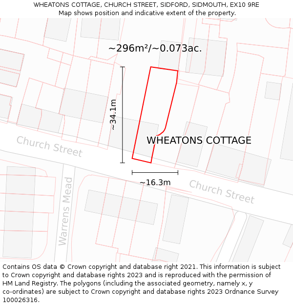 WHEATONS COTTAGE, CHURCH STREET, SIDFORD, SIDMOUTH, EX10 9RE: Plot and title map