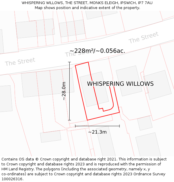 WHISPERING WILLOWS, THE STREET, MONKS ELEIGH, IPSWICH, IP7 7AU: Plot and title map