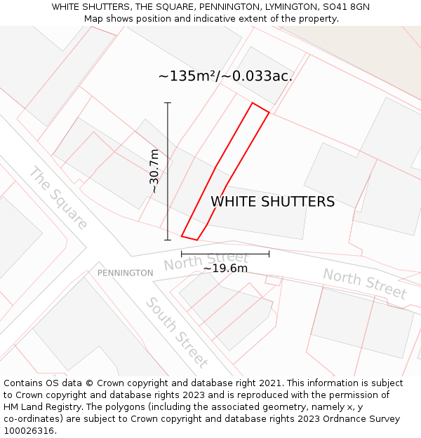 WHITE SHUTTERS, THE SQUARE, PENNINGTON, LYMINGTON, SO41 8GN: Plot and title map