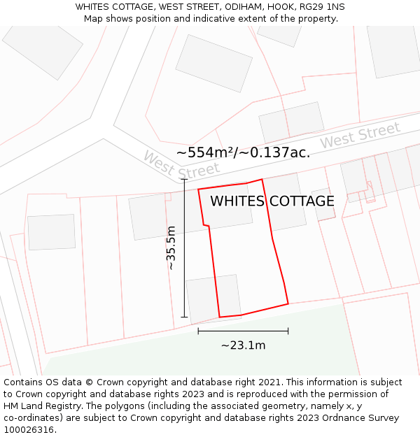 WHITES COTTAGE, WEST STREET, ODIHAM, HOOK, RG29 1NS: Plot and title map