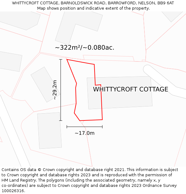 WHITTYCROFT COTTAGE, BARNOLDSWICK ROAD, BARROWFORD, NELSON, BB9 6AT: Plot and title map