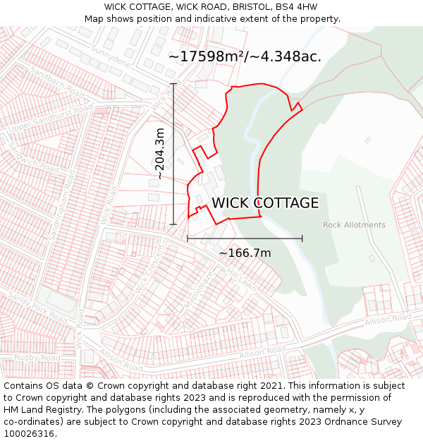 WICK COTTAGE, WICK ROAD, BRISTOL, BS4 4HW: Plot and title map