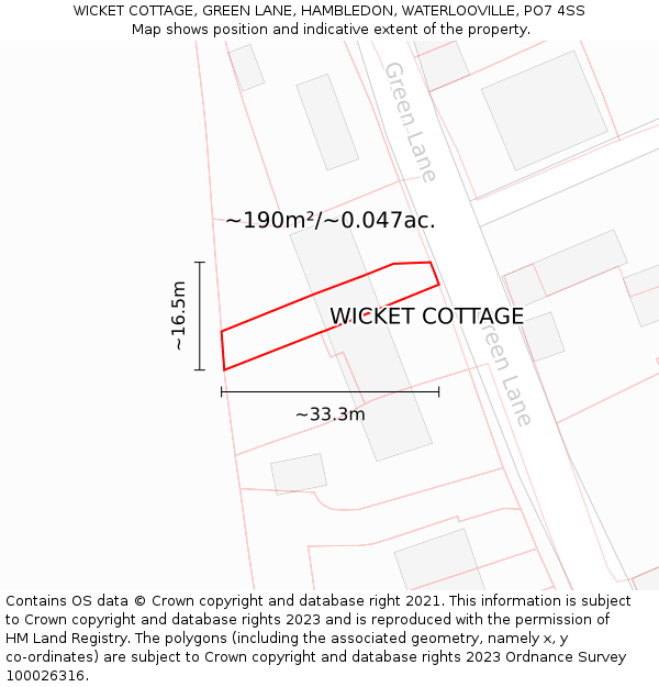 WICKET COTTAGE, GREEN LANE, HAMBLEDON, WATERLOOVILLE, PO7 4SS: Plot and title map