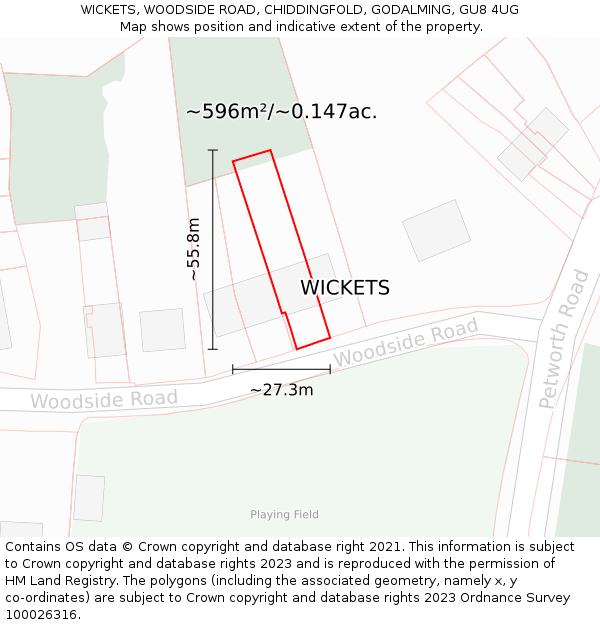 WICKETS, WOODSIDE ROAD, CHIDDINGFOLD, GODALMING, GU8 4UG: Plot and title map