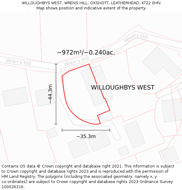 WILLOUGHBYS WEST, WRENS HILL, OXSHOTT, LEATHERHEAD, KT22 0HN: Plot and title map