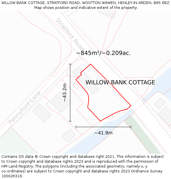 WILLOW BANK COTTAGE, STRATFORD ROAD, WOOTTON WAWEN, HENLEY-IN-ARDEN, B95 6BZ: Plot and title map