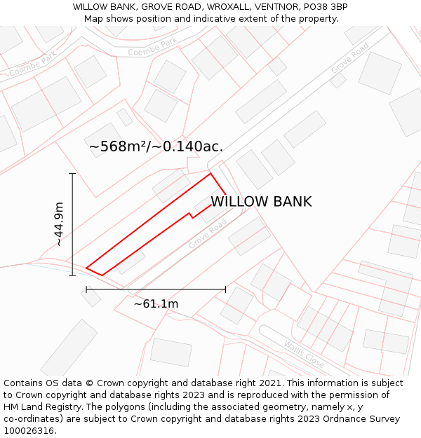 WILLOW BANK, GROVE ROAD, WROXALL, VENTNOR, PO38 3BP: Plot and title map