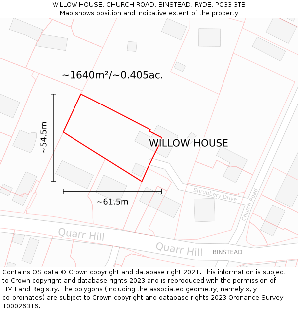 WILLOW HOUSE, CHURCH ROAD, BINSTEAD, RYDE, PO33 3TB: Plot and title map