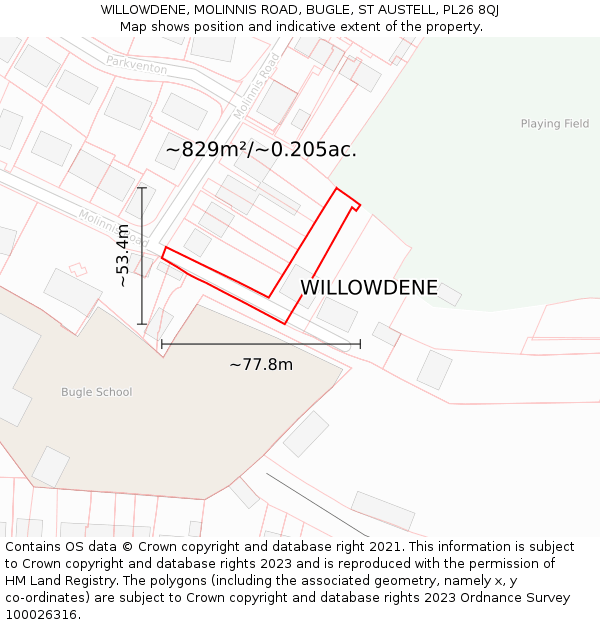 WILLOWDENE, MOLINNIS ROAD, BUGLE, ST AUSTELL, PL26 8QJ: Plot and title map