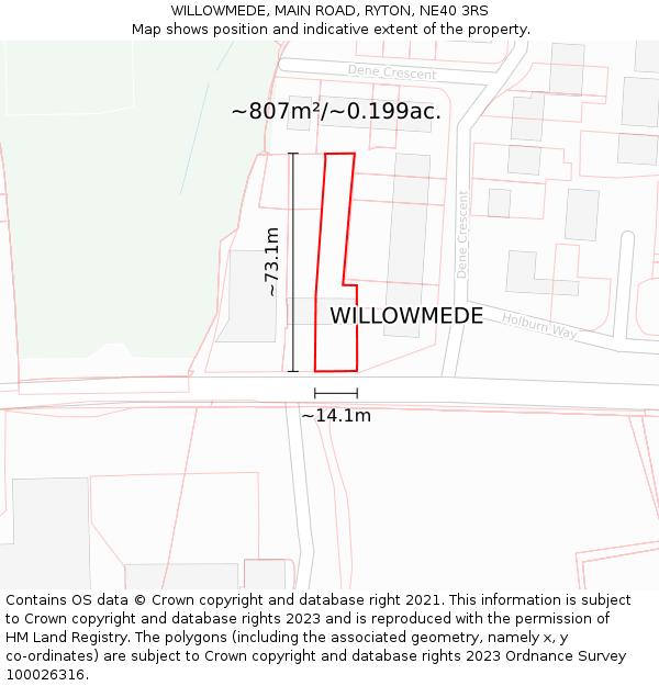 WILLOWMEDE, MAIN ROAD, RYTON, NE40 3RS: Plot and title map