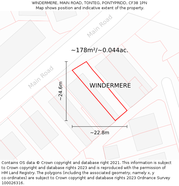 WINDERMERE, MAIN ROAD, TONTEG, PONTYPRIDD, CF38 1PN: Plot and title map