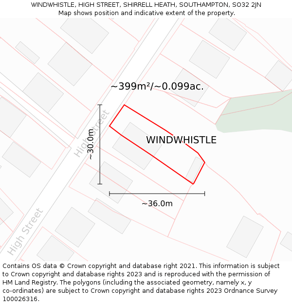 WINDWHISTLE, HIGH STREET, SHIRRELL HEATH, SOUTHAMPTON, SO32 2JN: Plot and title map