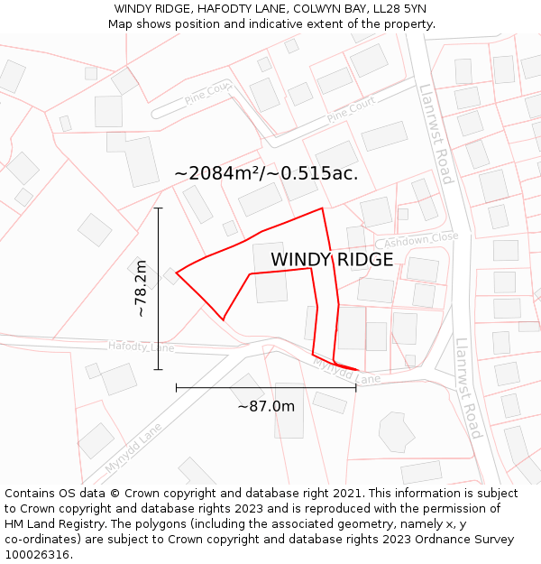 WINDY RIDGE, HAFODTY LANE, COLWYN BAY, LL28 5YN: Plot and title map