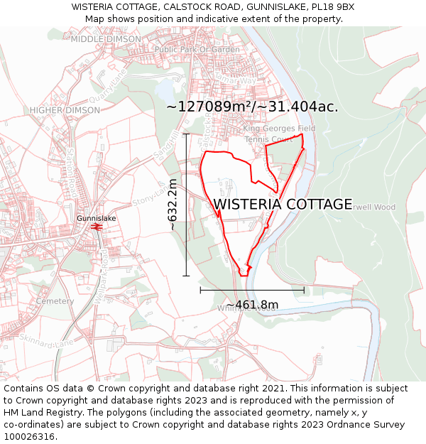 WISTERIA COTTAGE, CALSTOCK ROAD, GUNNISLAKE, PL18 9BX: Plot and title map