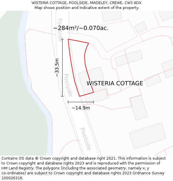 WISTERIA COTTAGE, POOLSIDE, MADELEY, CREWE, CW3 9DX: Plot and title map