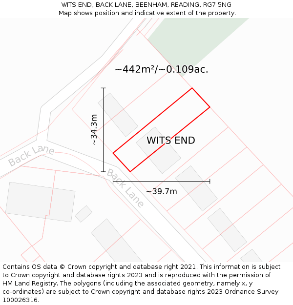 WITS END, BACK LANE, BEENHAM, READING, RG7 5NG: Plot and title map