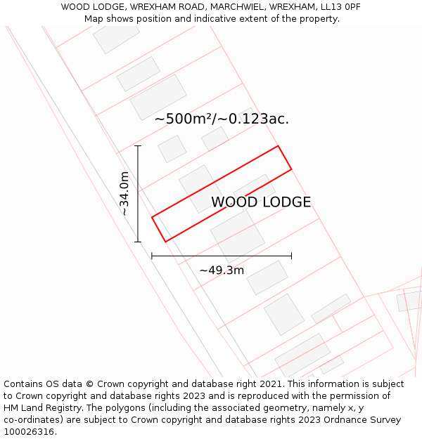 WOOD LODGE, WREXHAM ROAD, MARCHWIEL, WREXHAM, LL13 0PF: Plot and title map