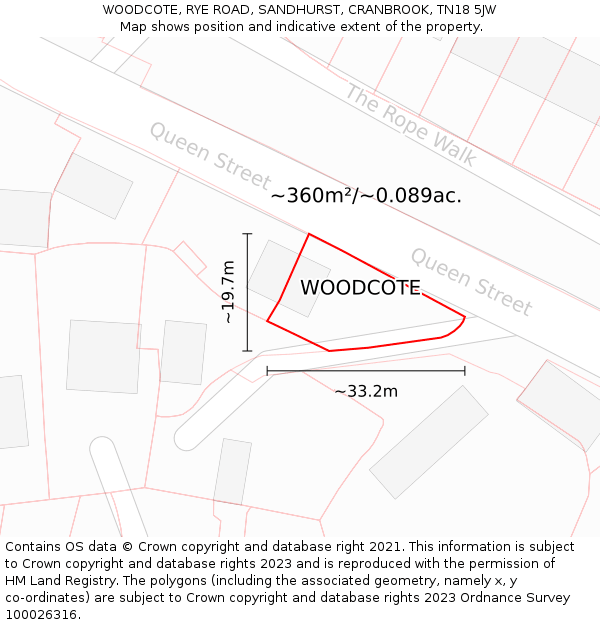 WOODCOTE, RYE ROAD, SANDHURST, CRANBROOK, TN18 5JW: Plot and title map