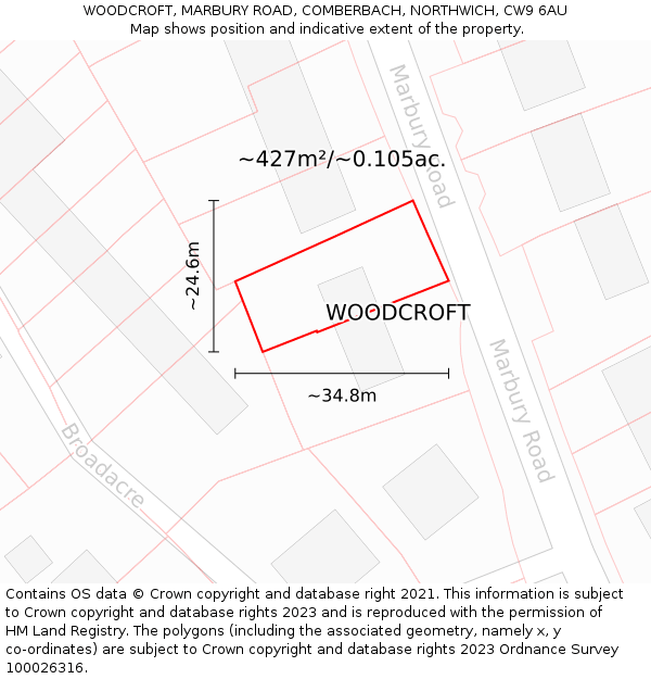 WOODCROFT, MARBURY ROAD, COMBERBACH, NORTHWICH, CW9 6AU: Plot and title map