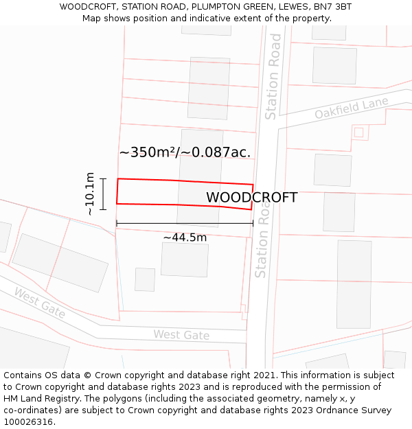 WOODCROFT, STATION ROAD, PLUMPTON GREEN, LEWES, BN7 3BT: Plot and title map