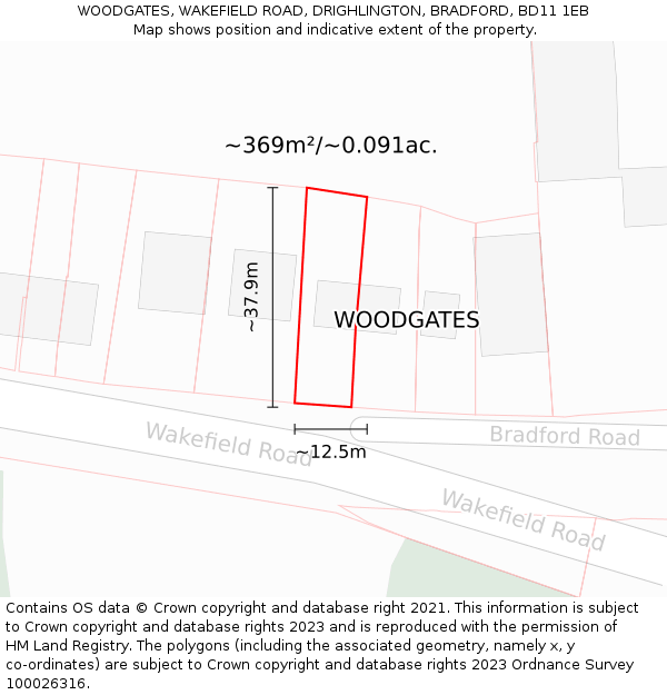 WOODGATES, WAKEFIELD ROAD, DRIGHLINGTON, BRADFORD, BD11 1EB: Plot and title map