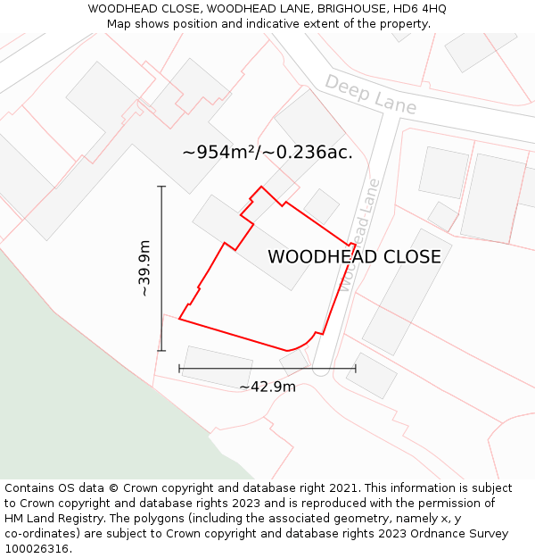 WOODHEAD CLOSE, WOODHEAD LANE, BRIGHOUSE, HD6 4HQ: Plot and title map