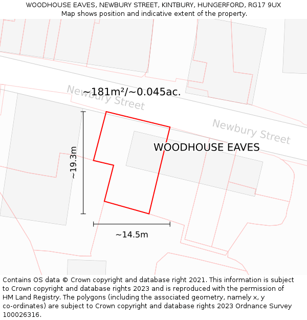 WOODHOUSE EAVES, NEWBURY STREET, KINTBURY, HUNGERFORD, RG17 9UX: Plot and title map