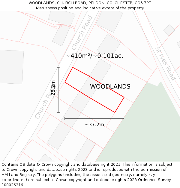 WOODLANDS, CHURCH ROAD, PELDON, COLCHESTER, CO5 7PT: Plot and title map