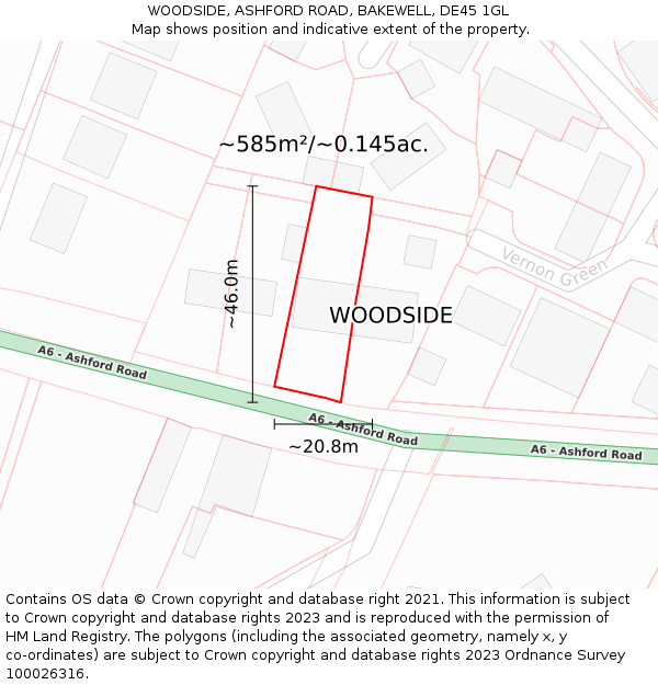 WOODSIDE, ASHFORD ROAD, BAKEWELL, DE45 1GL: Plot and title map