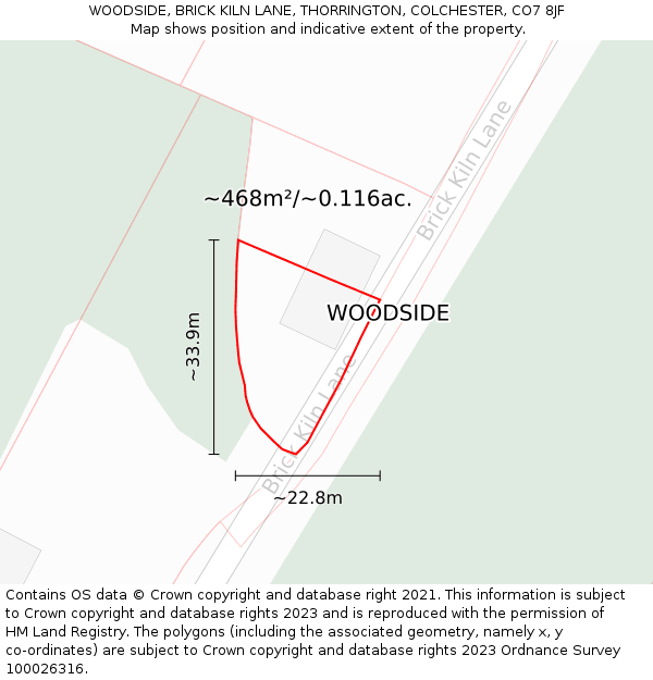 WOODSIDE, BRICK KILN LANE, THORRINGTON, COLCHESTER, CO7 8JF: Plot and title map