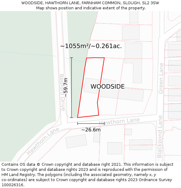 WOODSIDE, HAWTHORN LANE, FARNHAM COMMON, SLOUGH, SL2 3SW: Plot and title map