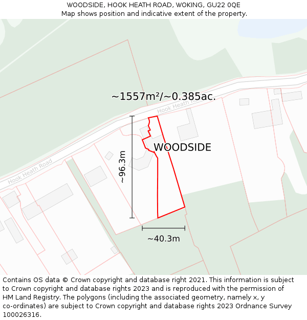 WOODSIDE, HOOK HEATH ROAD, WOKING, GU22 0QE: Plot and title map