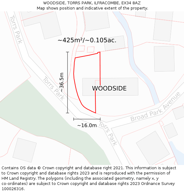 WOODSIDE, TORRS PARK, ILFRACOMBE, EX34 8AZ: Plot and title map