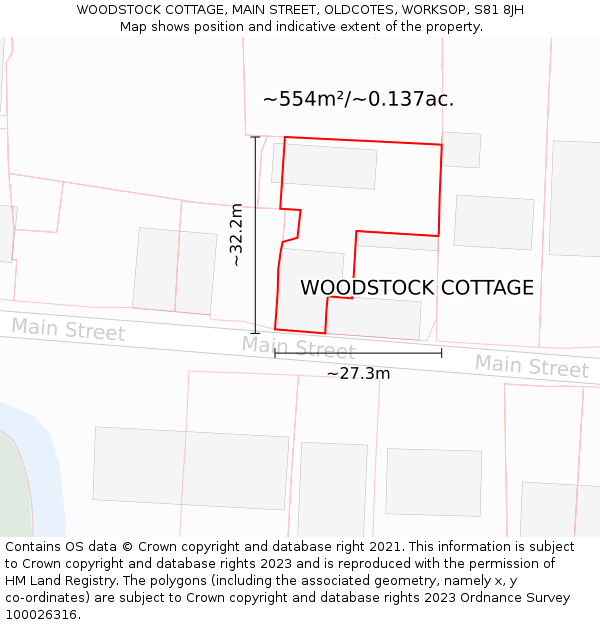 WOODSTOCK COTTAGE, MAIN STREET, OLDCOTES, WORKSOP, S81 8JH: Plot and title map