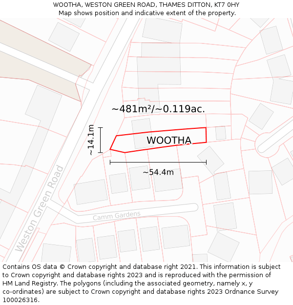 WOOTHA, WESTON GREEN ROAD, THAMES DITTON, KT7 0HY: Plot and title map