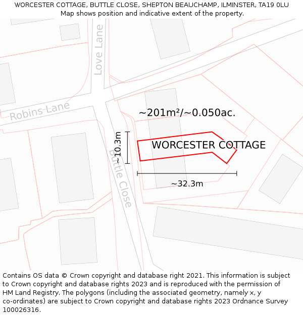 WORCESTER COTTAGE, BUTTLE CLOSE, SHEPTON BEAUCHAMP, ILMINSTER, TA19 0LU: Plot and title map