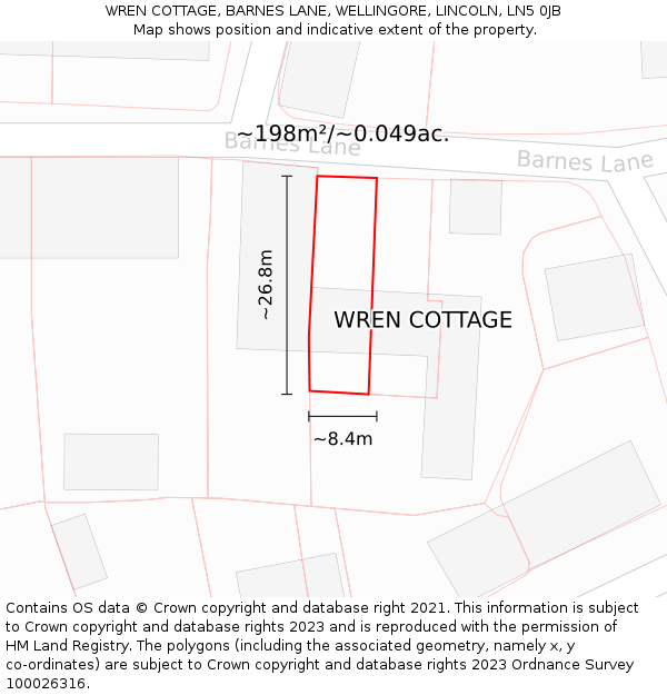 WREN COTTAGE, BARNES LANE, WELLINGORE, LINCOLN, LN5 0JB: Plot and title map