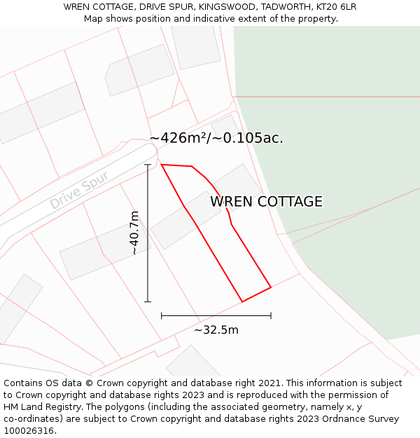 WREN COTTAGE, DRIVE SPUR, KINGSWOOD, TADWORTH, KT20 6LR: Plot and title map