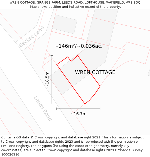 WREN COTTAGE, GRANGE FARM, LEEDS ROAD, LOFTHOUSE, WAKEFIELD, WF3 3QQ: Plot and title map