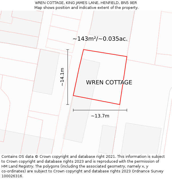 WREN COTTAGE, KING JAMES LANE, HENFIELD, BN5 9ER: Plot and title map