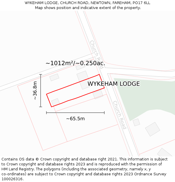 WYKEHAM LODGE, CHURCH ROAD, NEWTOWN, FAREHAM, PO17 6LL: Plot and title map