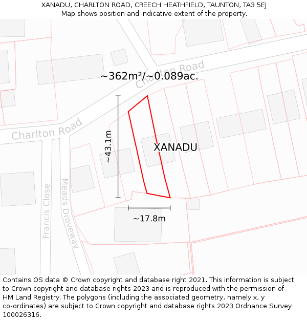 XANADU, CHARLTON ROAD, CREECH HEATHFIELD, TAUNTON, TA3 5EJ: Plot and title map