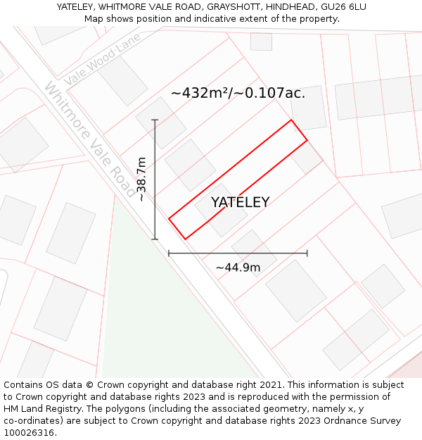 YATELEY, WHITMORE VALE ROAD, GRAYSHOTT, HINDHEAD, GU26 6LU: Plot and title map