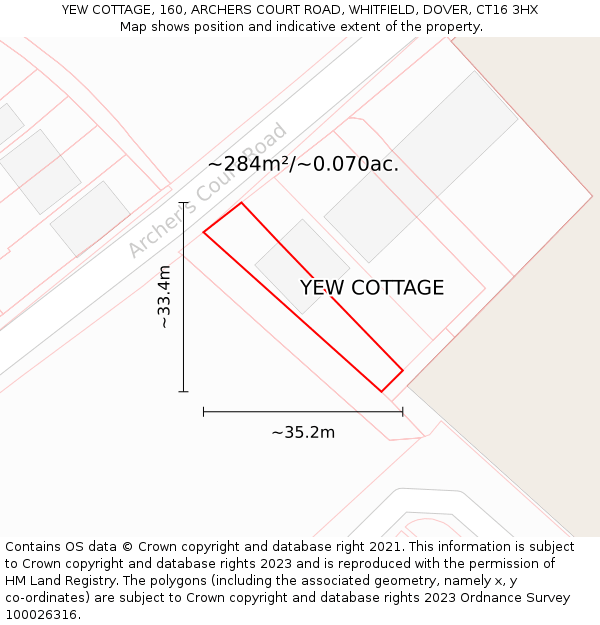 YEW COTTAGE, 160, ARCHERS COURT ROAD, WHITFIELD, DOVER, CT16 3HX: Plot and title map