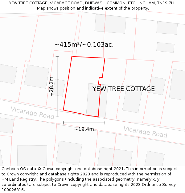 YEW TREE COTTAGE, VICARAGE ROAD, BURWASH COMMON, ETCHINGHAM, TN19 7LH: Plot and title map