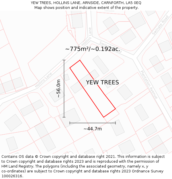 YEW TREES, HOLLINS LANE, ARNSIDE, CARNFORTH, LA5 0EQ: Plot and title map