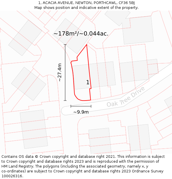 1, ACACIA AVENUE, NEWTON, PORTHCAWL, CF36 5BJ: Plot and title map