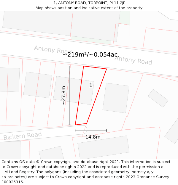 1, ANTONY ROAD, TORPOINT, PL11 2JP: Plot and title map