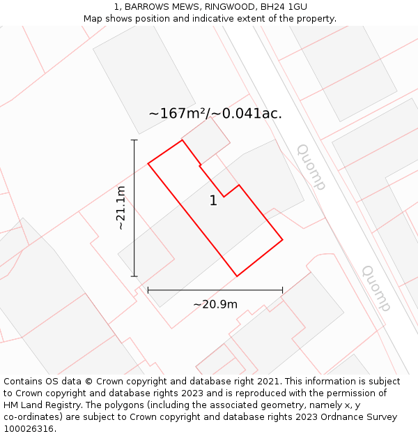 1, BARROWS MEWS, RINGWOOD, BH24 1GU: Plot and title map